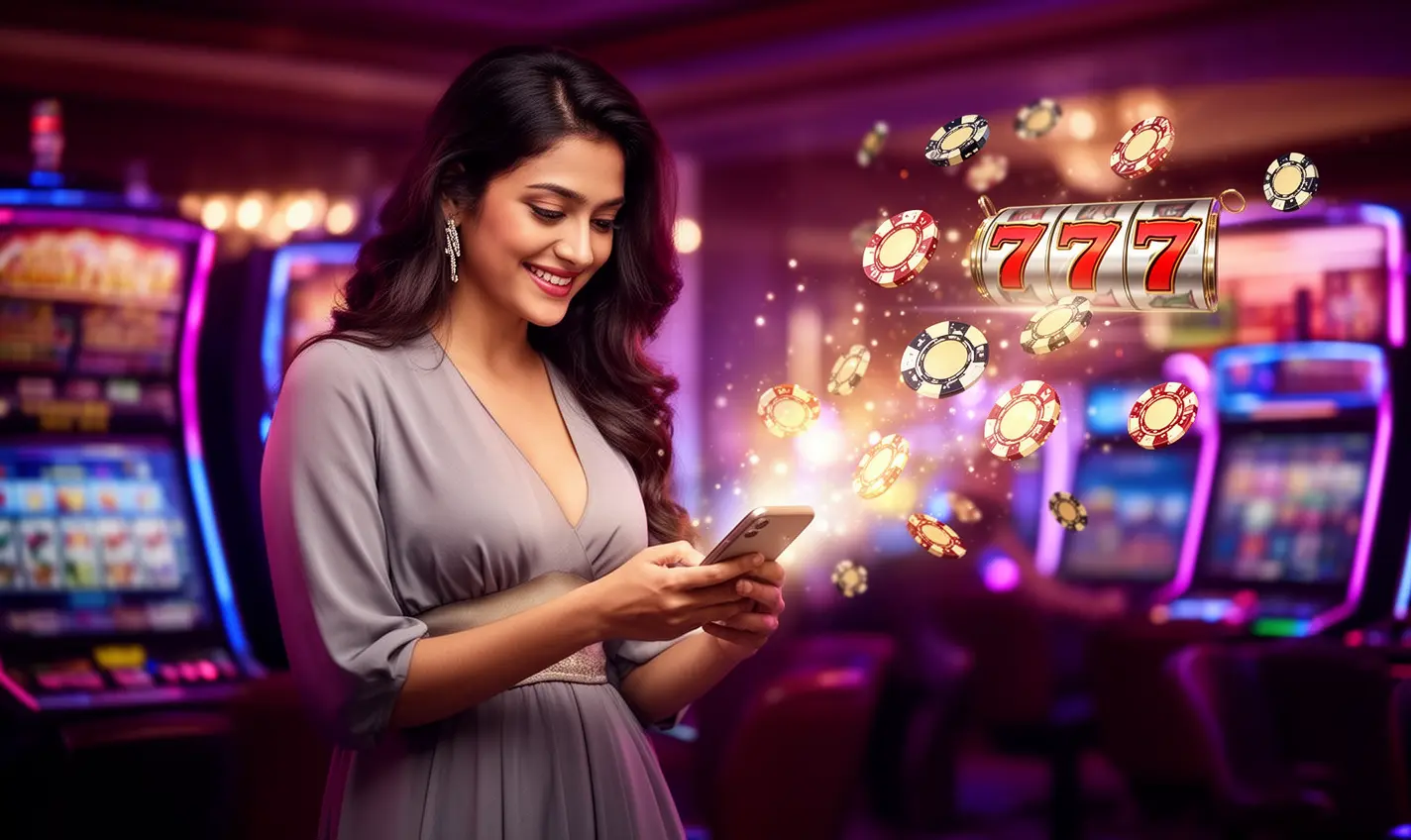 Stylish Bangladeshi woman smiling while using the 93BD casino app with glowing poker chips and 777 slot symbols floating around her