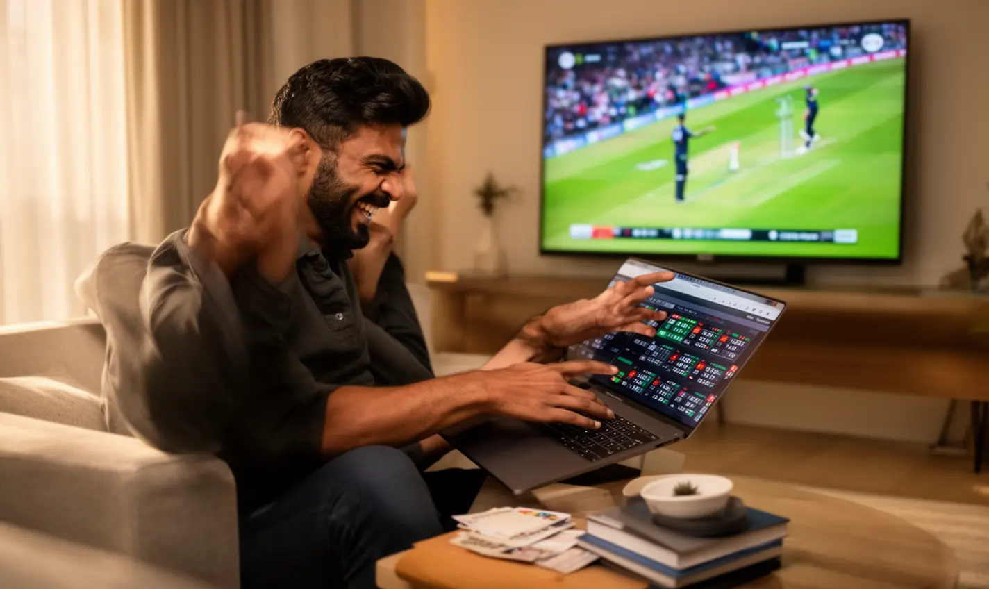 Happy Bangladeshi sports betting enthusiast celebrating a win while betting on cricket online at home using the 93BD platform