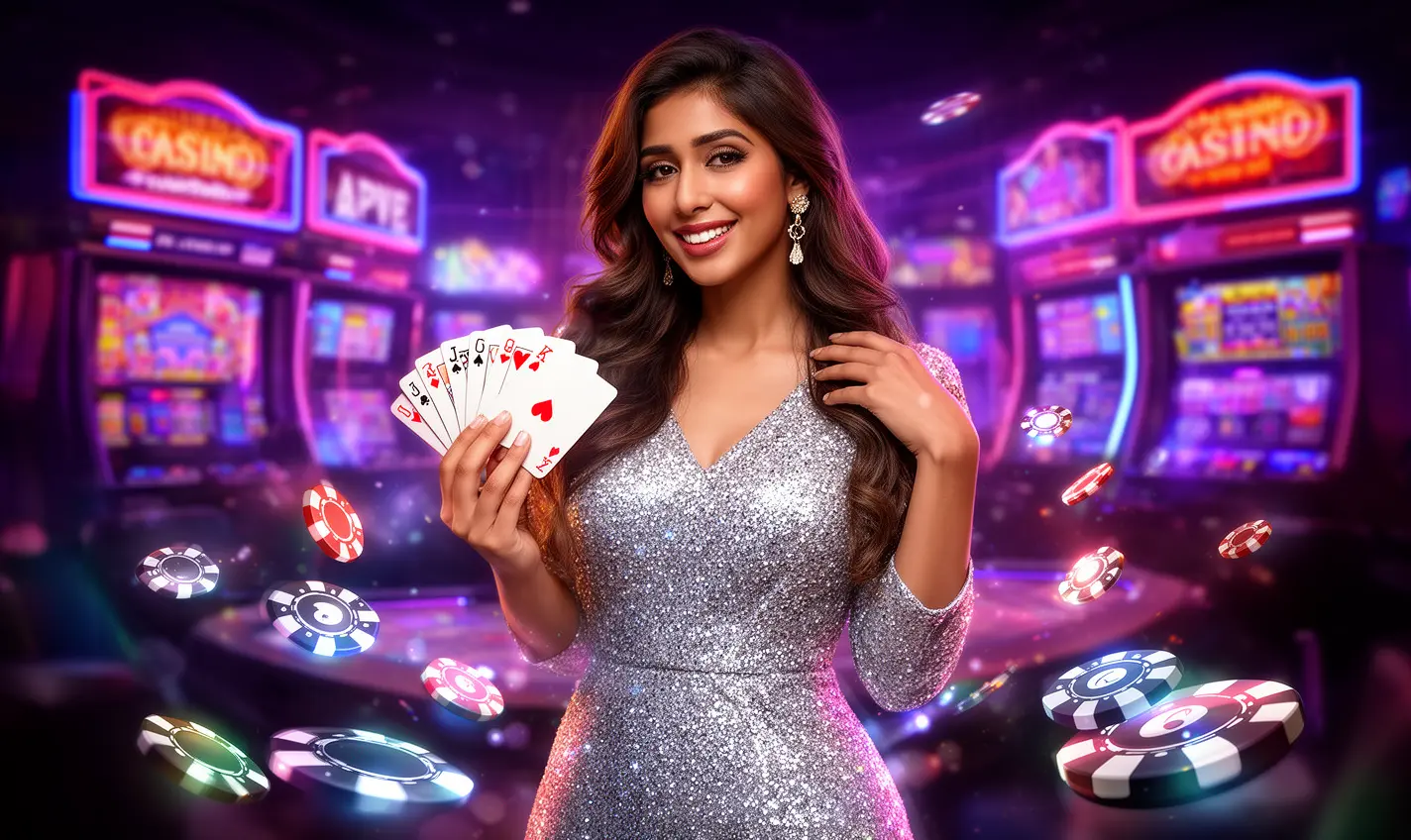 Confident casino hostess holding playing cards near glowing chips and neon signs showcasing the vibrant 93BD casino atmosphere in Bangladesh