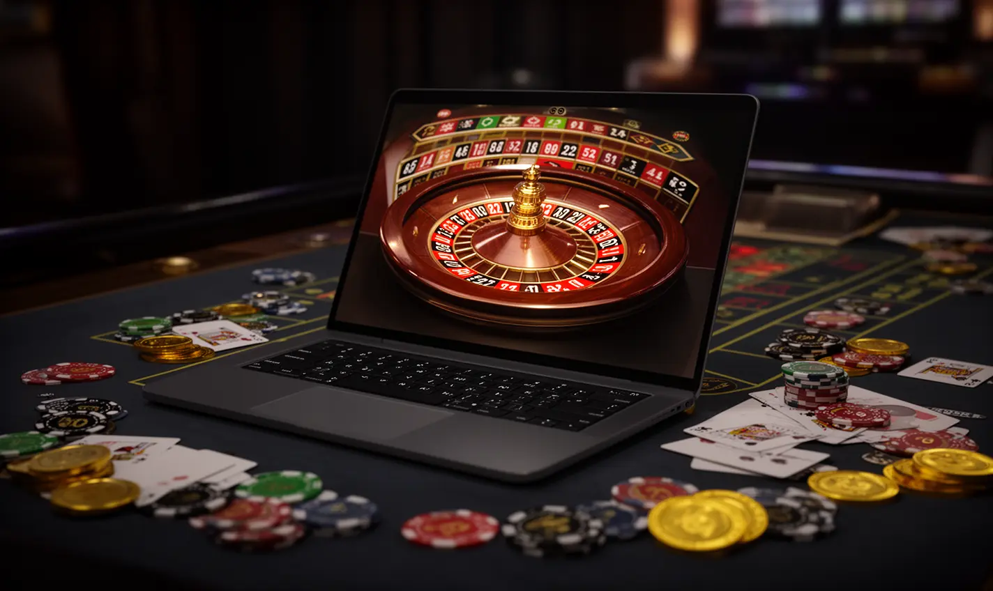 Modern laptop with a vibrant roulette interface surrounded by casino chips and cards showcasing the immersive online casino experience at 93BD in Bangladesh
