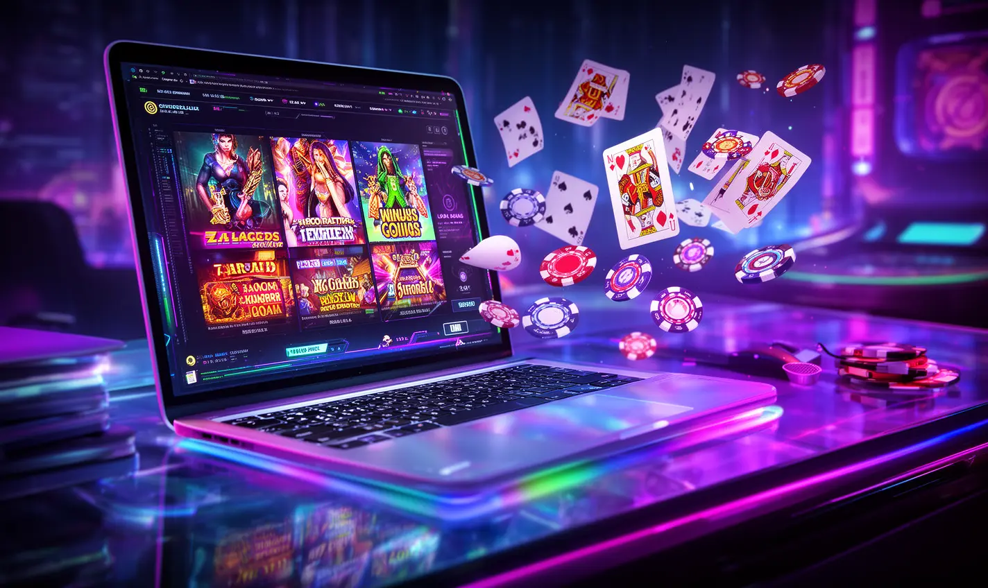 Futuristic online casino scene with flying poker chips and cards over a laptop showcasing immersive gaming on 93BD for Bangladesh players
