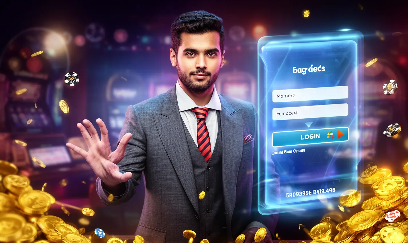 Elegant live casino dealer from Bangladesh standing inside a digital login interface surrounded by golden coins representing secure access at 93BD