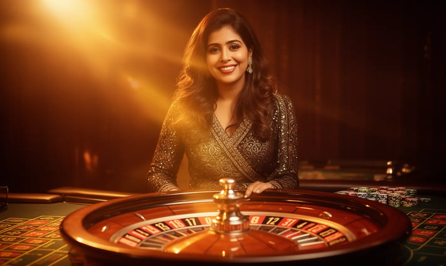 Smiling Bangladeshi casino hostess in a red dress welcoming players at a roulette table with glowing lights on the 93BD casino platform