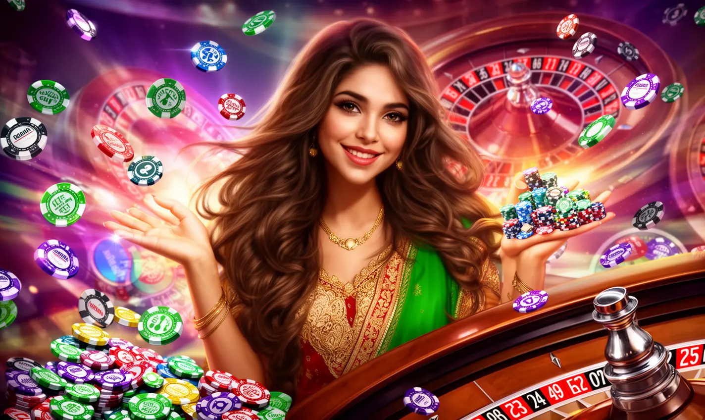Confident casino host with stylish makeup and poker chips in hand highlighting the premium gaming atmosphere of 93BD for Bangladesh